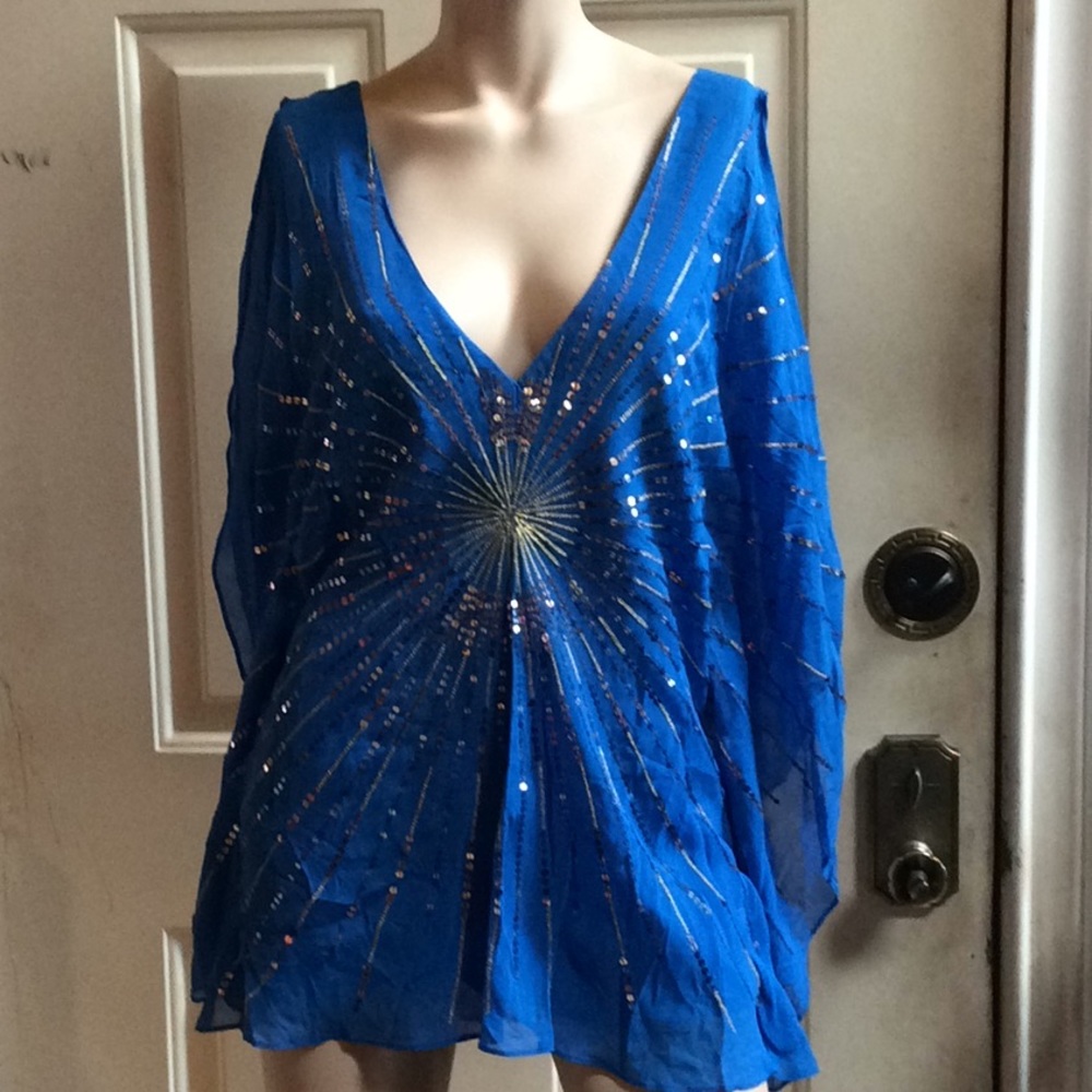 💕💕new $498 BCBG MaxAzria blue silk blouse Sz XS